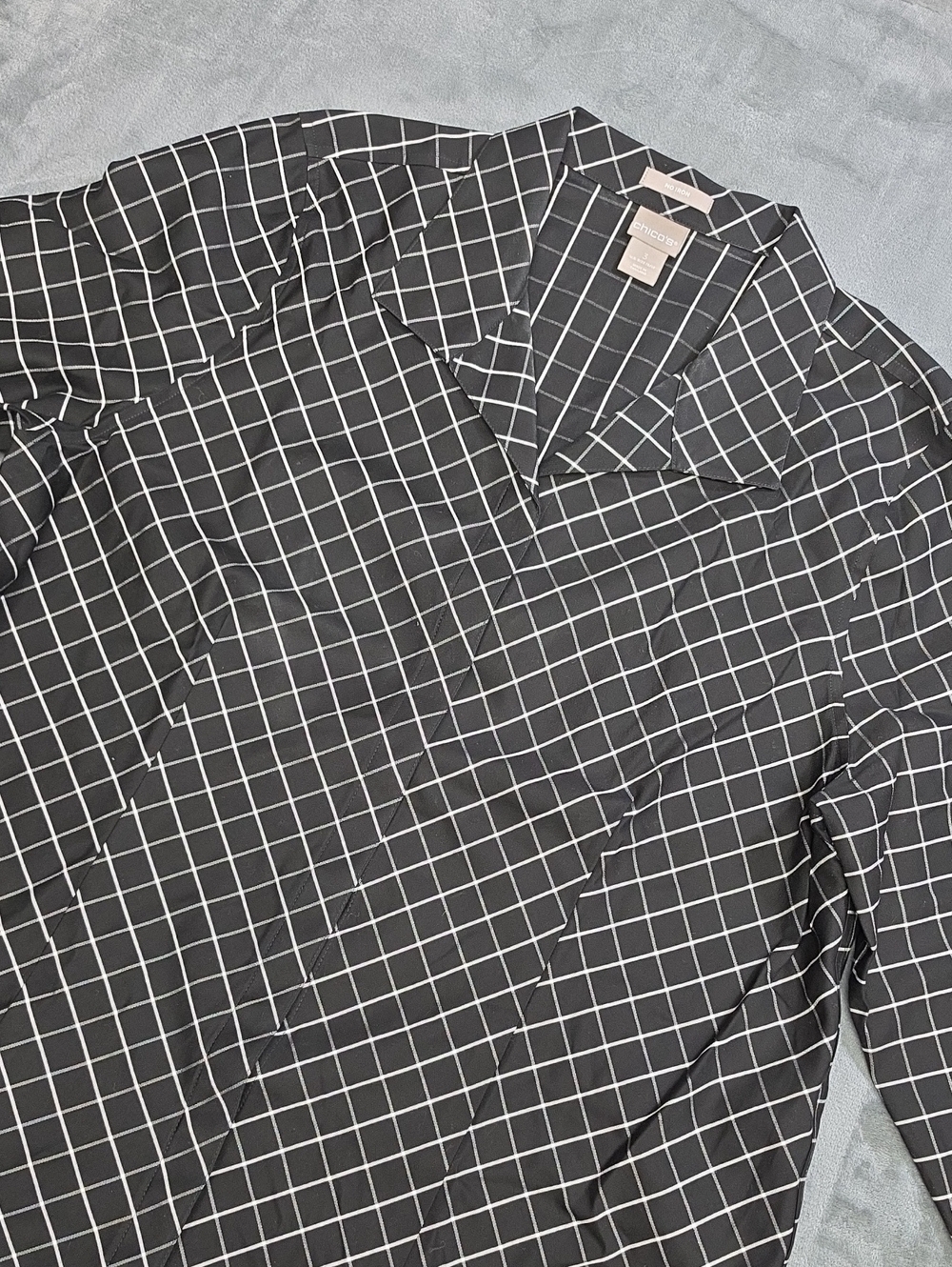 Chico's XL 3 Black Button-Down Shirt with White Windowpane Grid